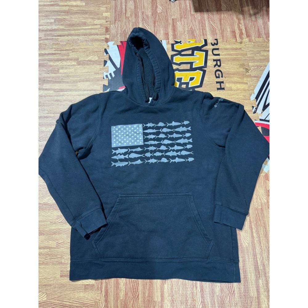Columbia PFG Mens Black Fish American Flag‎ Graphic Hoodie Pullover Sweatshirt L